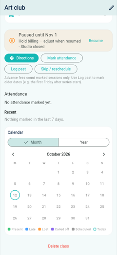 Art club paused until a date, with a Resume button